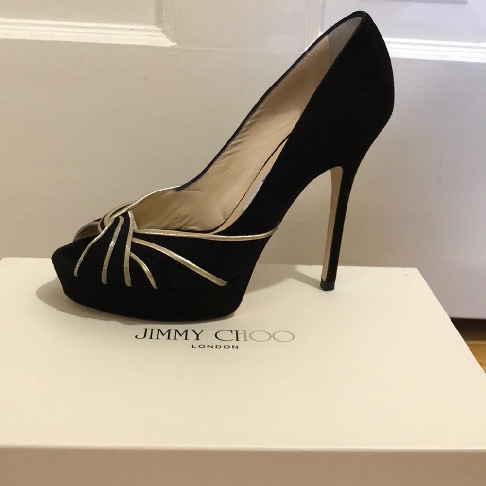 Jimmy Choo Suede Black with Glitter Gold Trim